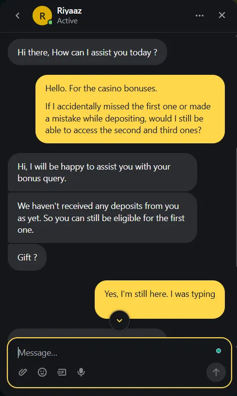 Second screenshot showing initial query about the casino deposit bonuses with agent checking in.
