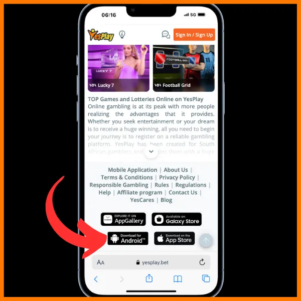 Red arrow pointing to different app download options on Yesplay site