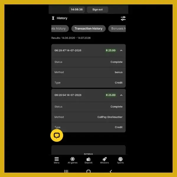Wanejobets deposit page showing transaction history