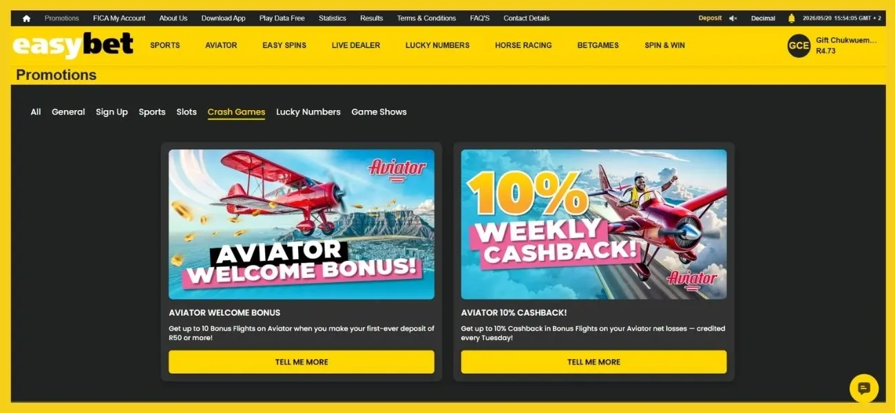 Easybet Crash Games tab in promotions page showing Aviator Welcome Bonus & 10% weekly cashback.