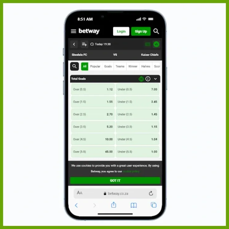 Betway market for Siwele FC vs Kaizer Chiefs showing over 0.5 goals at 1.12 and under 0.5 goals at 7.00 odds.