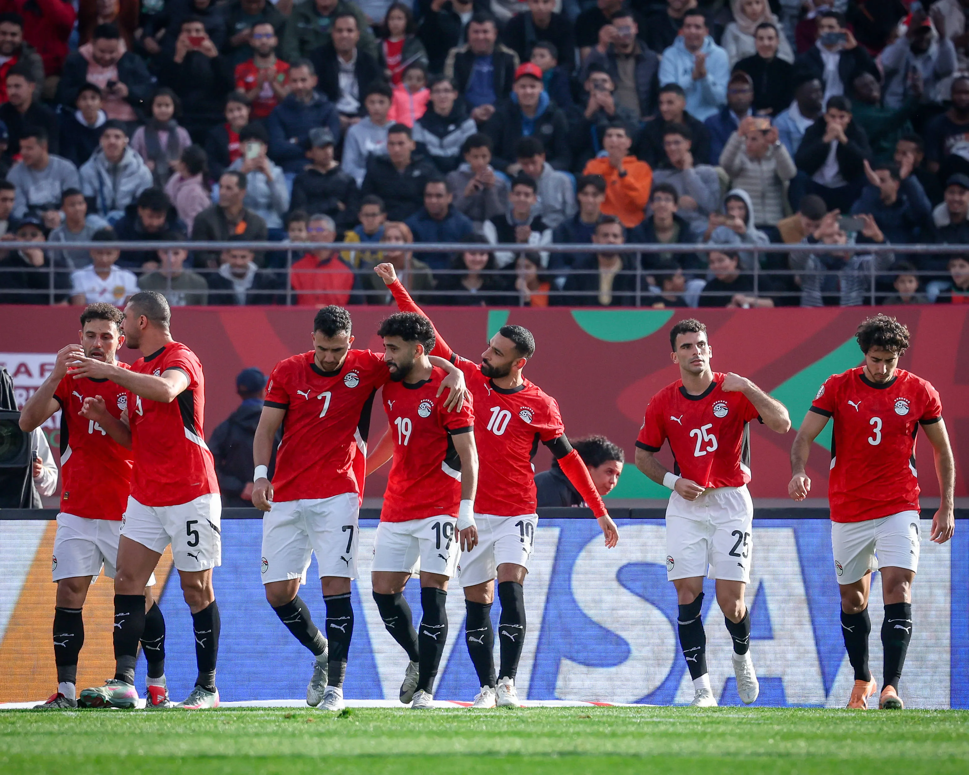 Egypt vs South Africa match at the African Cup of Nations 2025 - Group B Mohamed Salah celebrating after scoring the penalty during the match between Egypt vs South Africa in the African Cup of Nations 2025 - Group B at Grand Stade D Agadir , Agadir, Morocco Agadir Agadir Morocco 