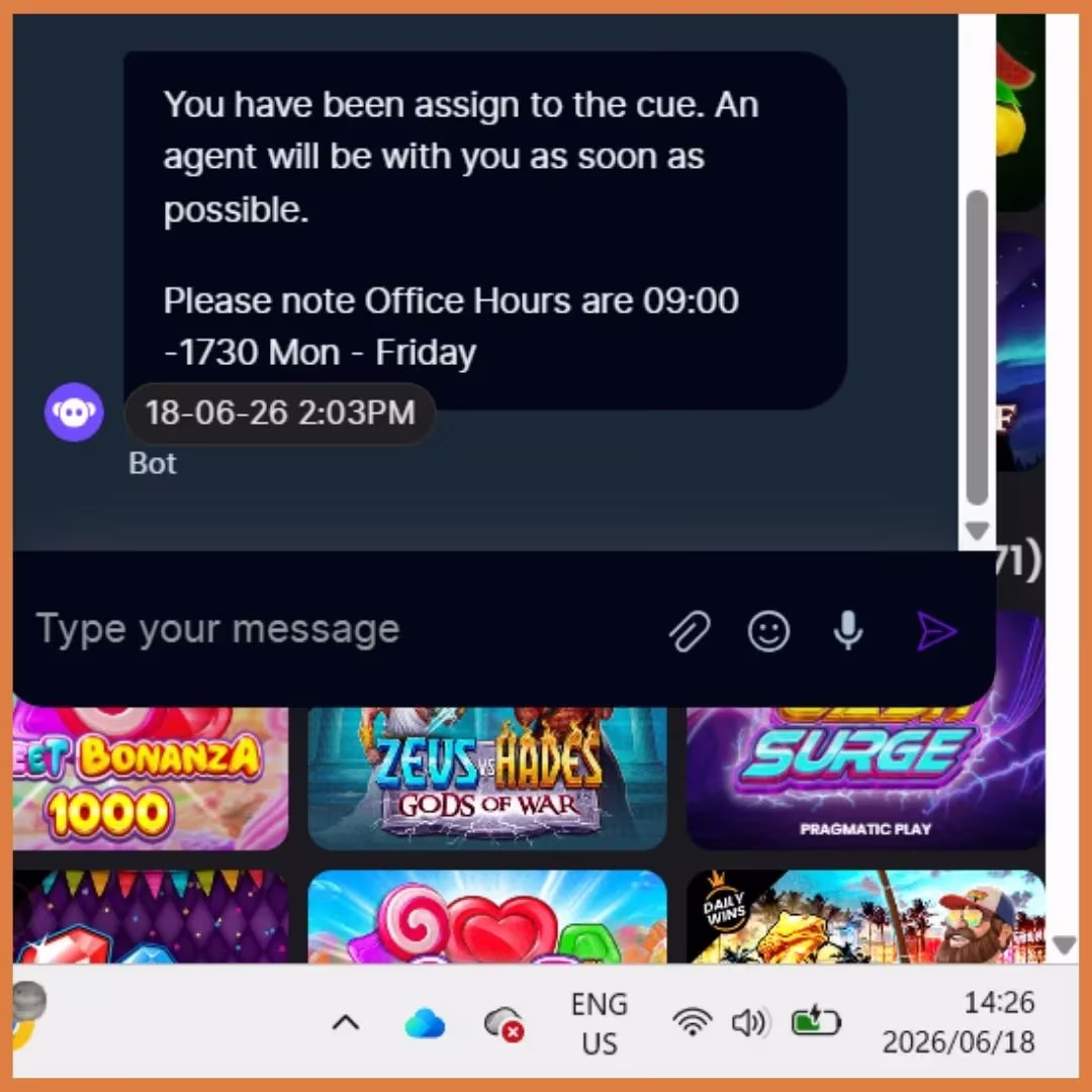 Apexbets Live Chat test part 4 showing time stamp of 14.26 when we were placed in the queue at 14.03.
