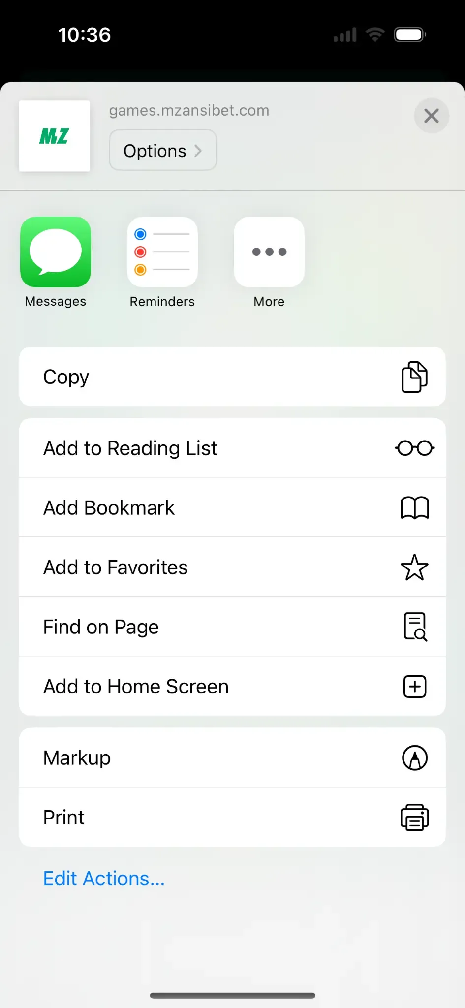 Mzansibet Safari share menu with option to Add to Home Screen.