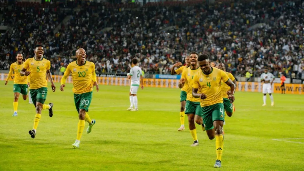 Teboho Mokoena celebrates his goal against Congo. Photo Bafana Bafana