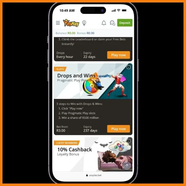Drops & Wins promotional banner on Yes Play mobile site.