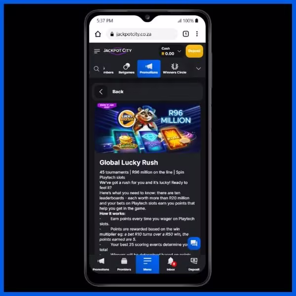 Jackpot City Global Lucky Rush promotional page on mobile offering R96 million in prizes.
