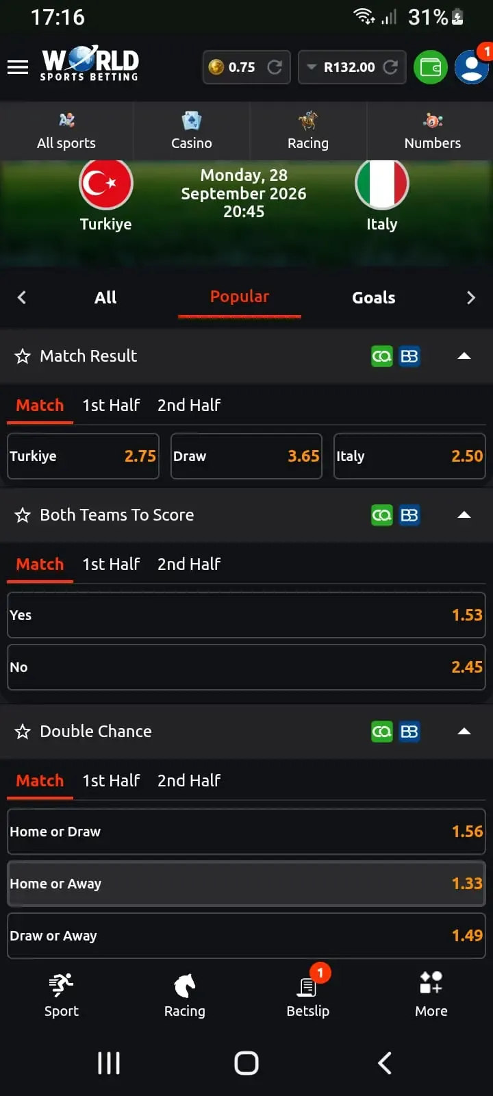 Screenshot of T&uuml;rkiye vs Italy showing double chance 12 meaning on World Sports Betting