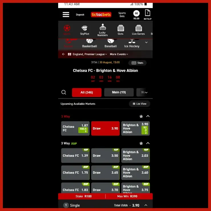 TicTacBets wagering example with a Draw between Chelsea and Brighton  selected 3.90.
