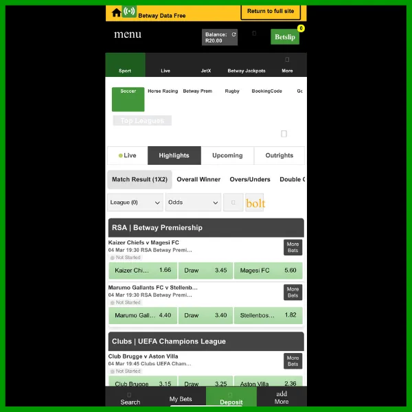 betway app with data free mode activated on betting markets page 