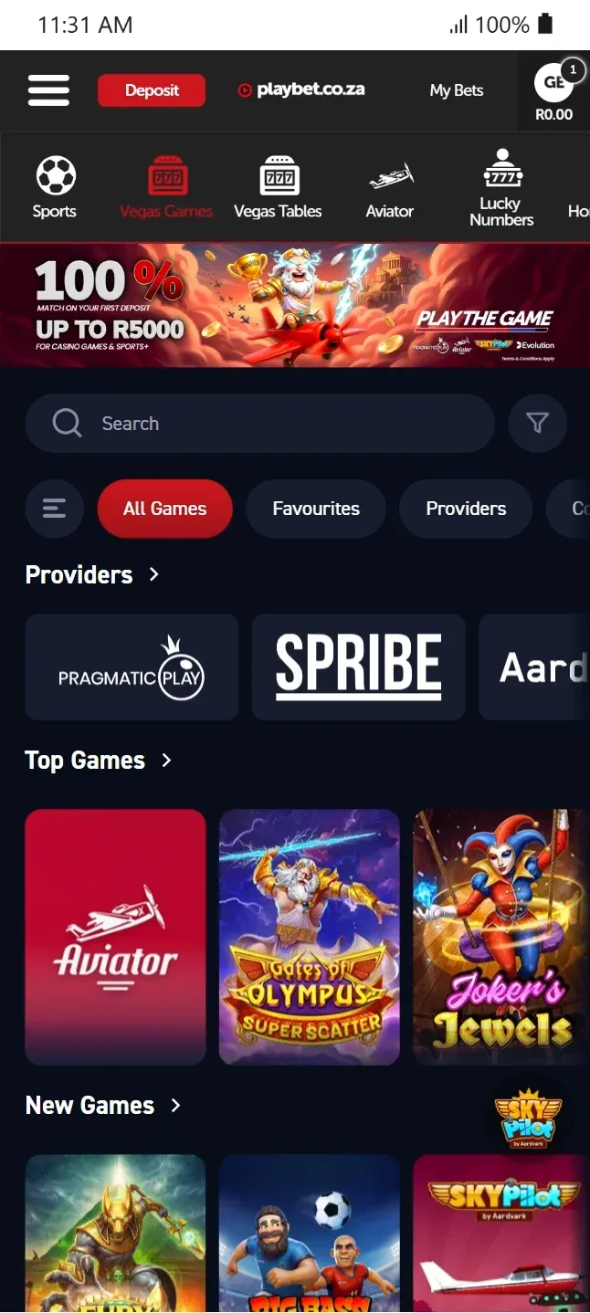 Playbet casino screenshot showing providers Prgamatic, Spribe and gameslike Aviator, Gates of Olympus Super Scatter and Joker's Jewels