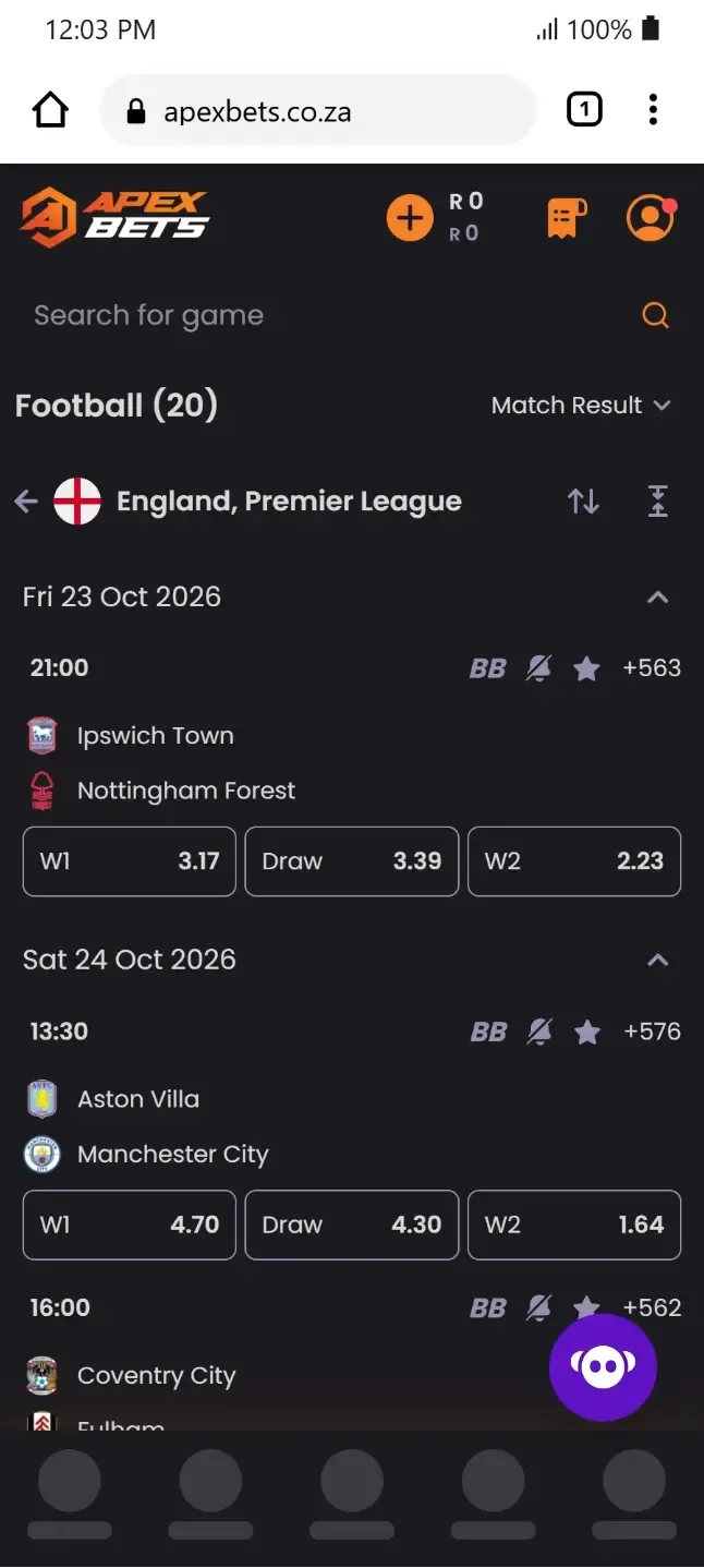 Apexbets mobile interface displaying football betting lines for upcoming Premier League games on new betting sites
