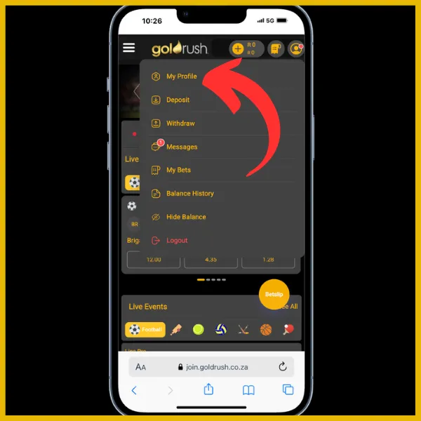 Red arrow pointing to profile section of the Goldrush site