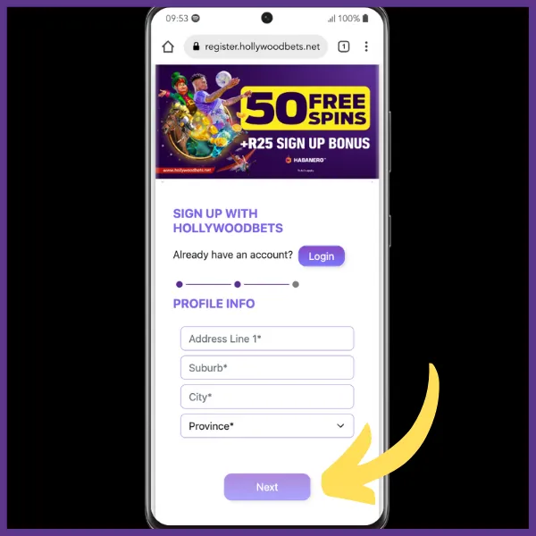 Hollywoodbets app sign up process step 4