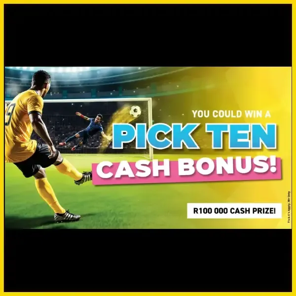 Easybet Pick Ten Cash Bonus banner showing a penalty kick scene with a R100,000 cash prize displayed.