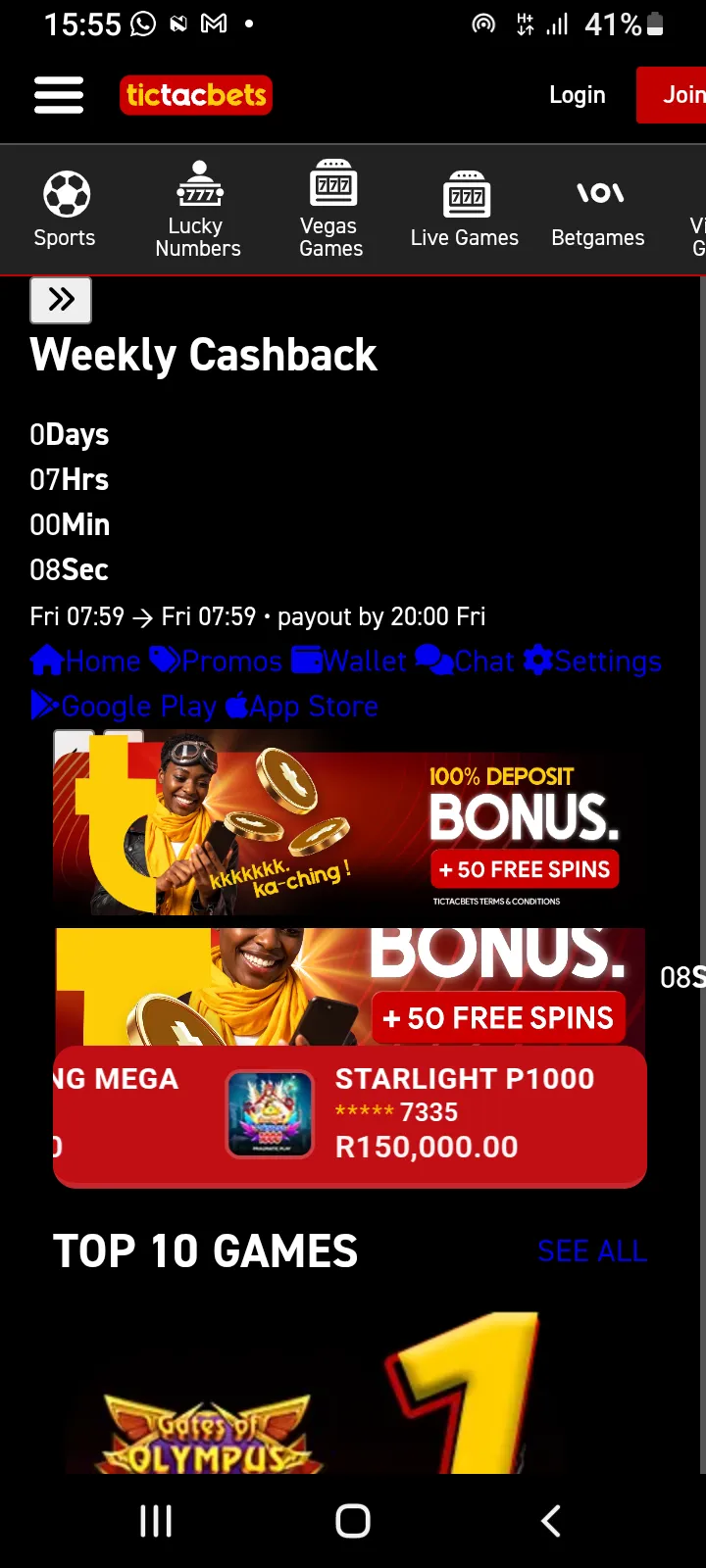 Tictacbets App Homepage