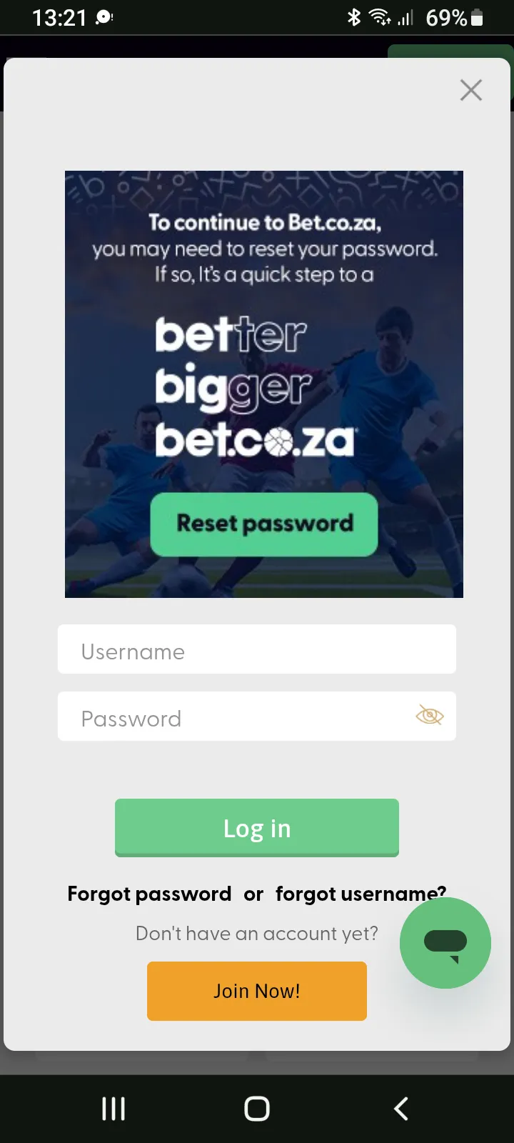 Bet.co.za Login page showing bars for username and password