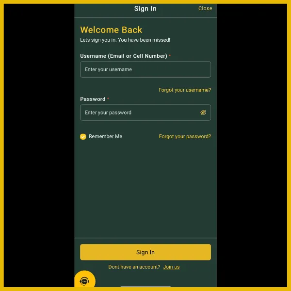 Login page on the Gbets app