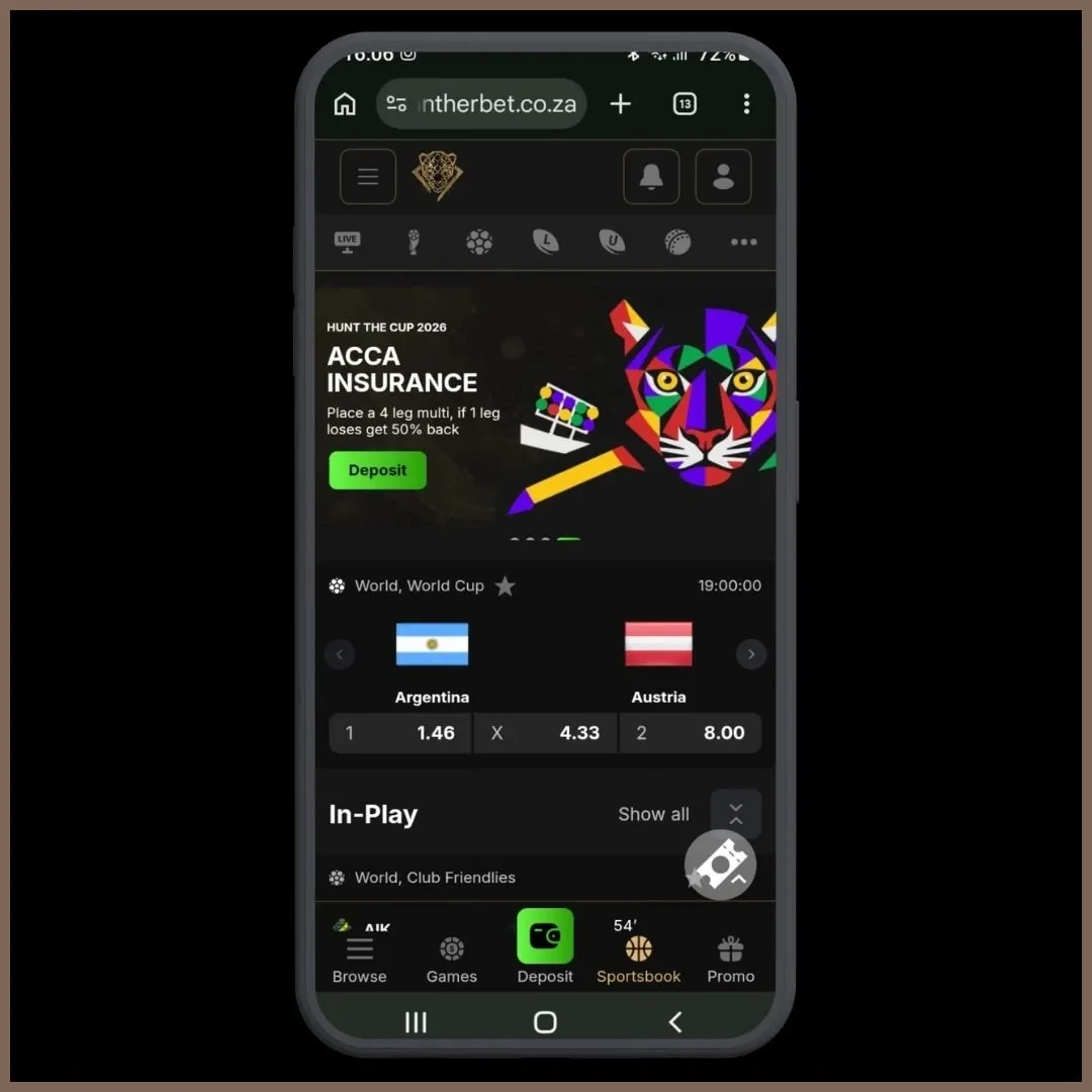Pantherbet Mobile Homescreen showing ACCA Insurance promo, Argentina vs Austria in the 2026 World Cup and In-Play Heading. Browse, Games, Deposit, Sportsbook and Promo buttons in the bottom menu.