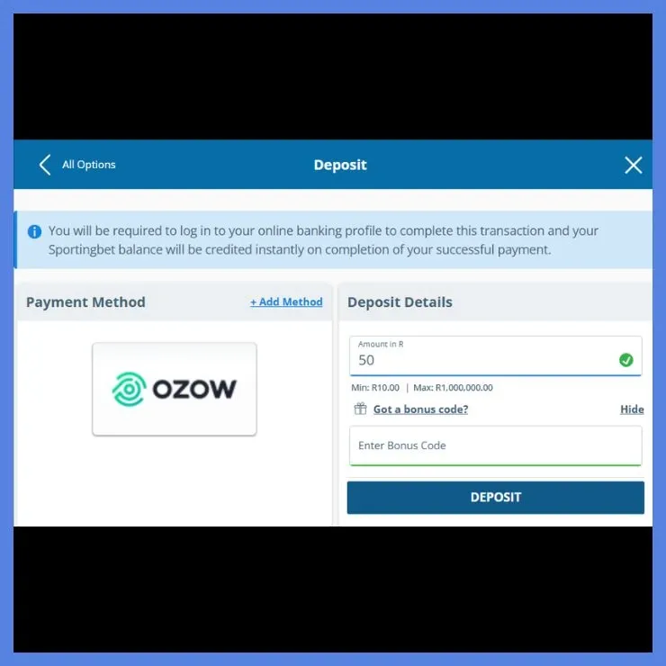 Ozow chosen as the deposit method for Sportingbet bonus. Bonus code field included.