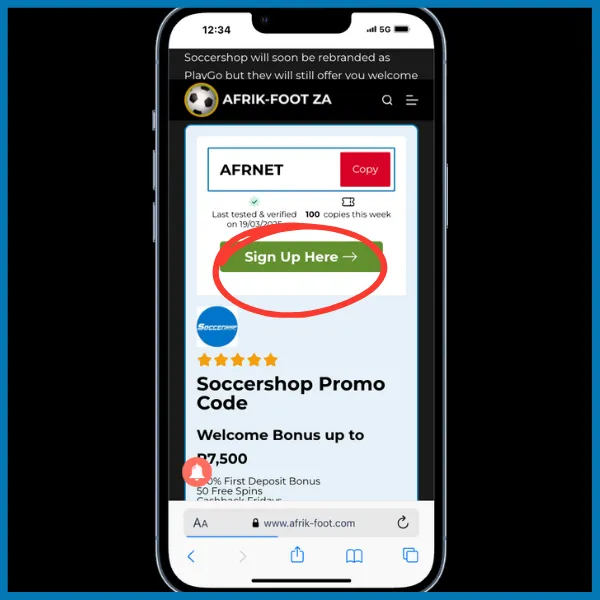 Soccershop sign-up here button on Afrik-Foot site - red circle around the button