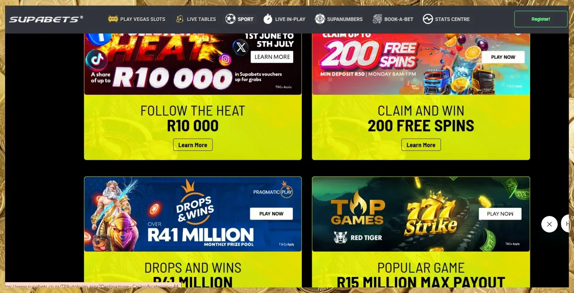 Supabets promotions tab showing the Follow the Heat R10,000 offer, 200 free spins offer, Top Games offer, Drops & Wins Offer for South African players.
