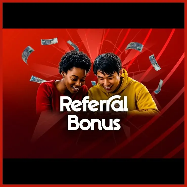 Promotional banner for Tic Tac Bets R100 referral bonus depicting woman and a man smiling while looking at a phone.