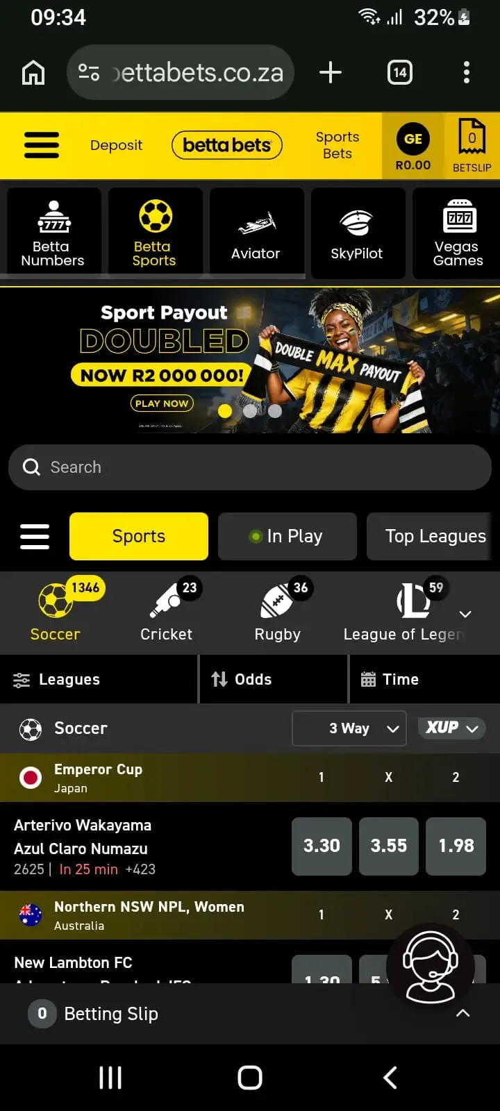 Bettabets sportsbook showing Sports tab, In-Play and Top Leagues, Sports categories include soccer, cricket, rugby and league of legends with pre-match soccer odds below
