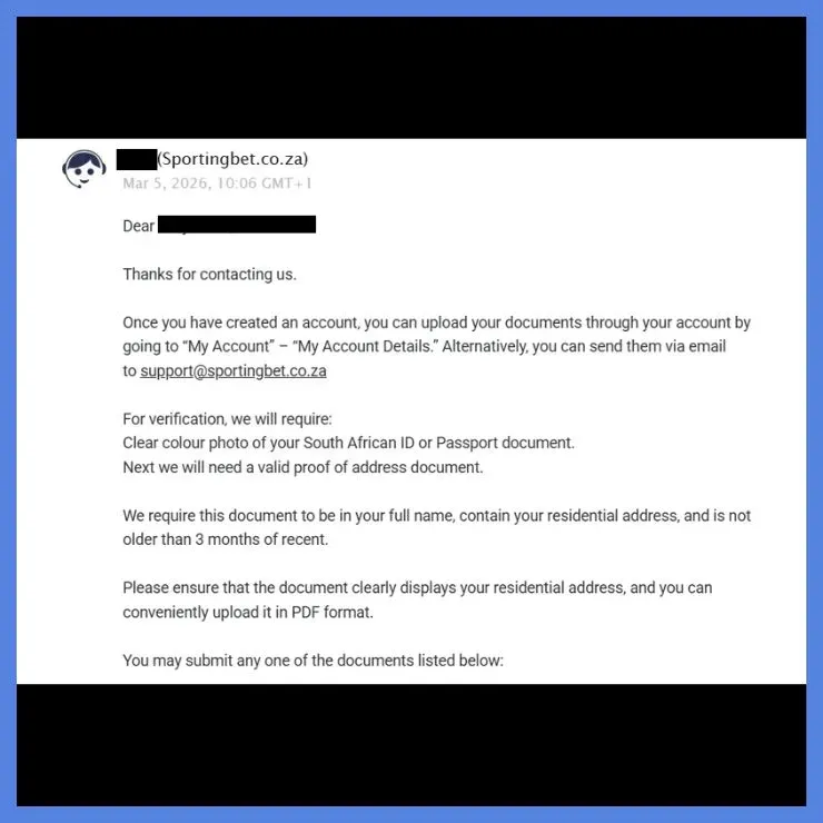 Screenshot of Email interaction for Sportingbet Review