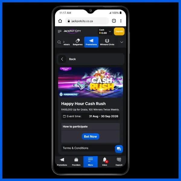 Jackpot City Cash Rush promotional page on mobile offering R400,000 in prizes.