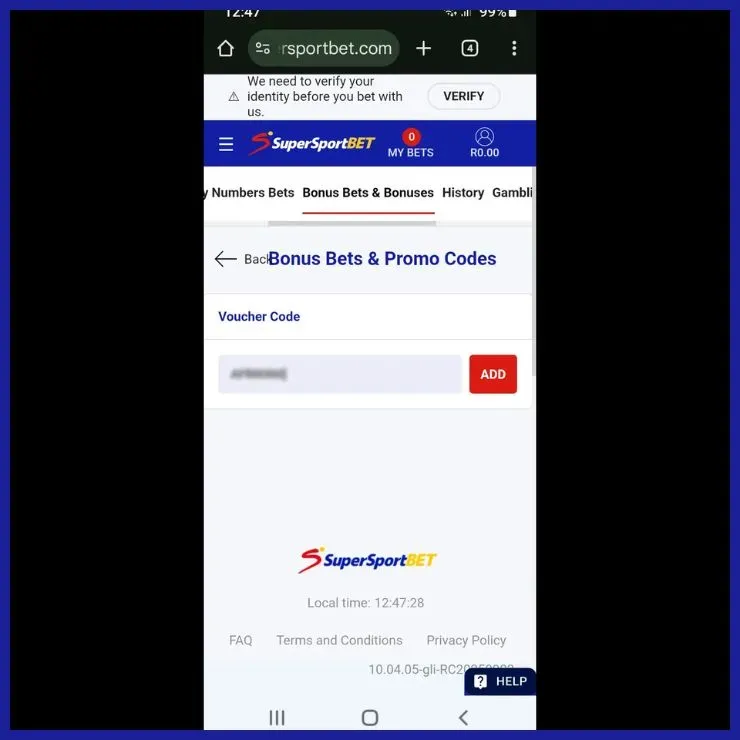 Bonus bets & bonuses tab for SuperSportBet promo code