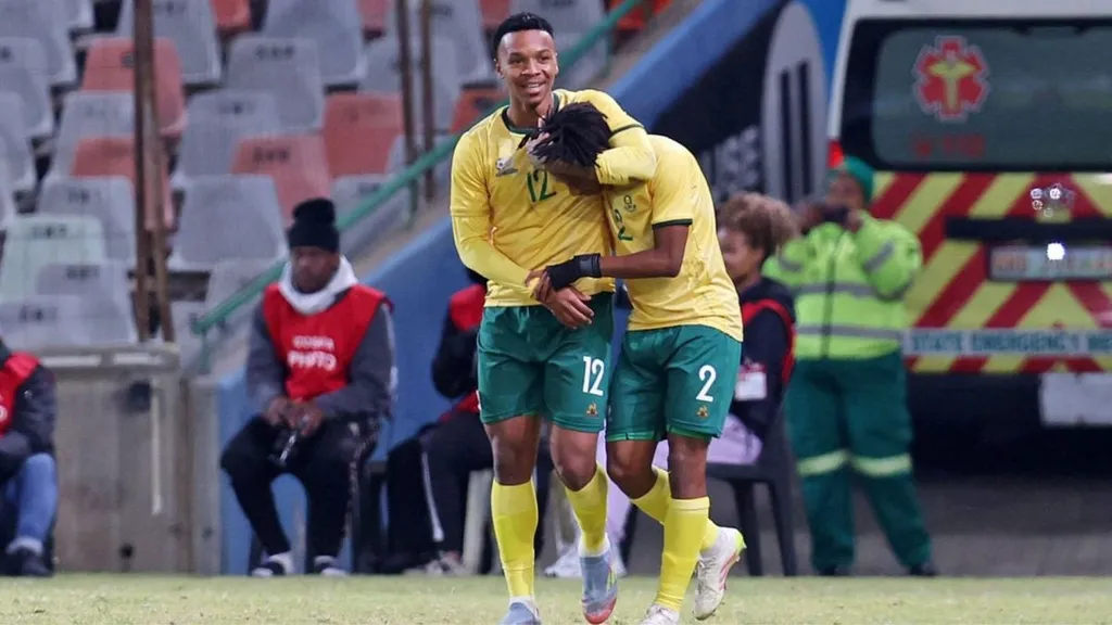 Boitumelo Radiopane right and Puso Dithejane celebrate Bafana Bafanas goal against Comoros at COSAFA Cup. Photo COSAFA