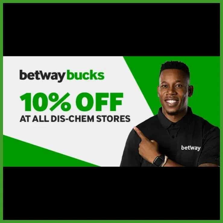 Betway Bucks x Dis-Chem promotional banner offer 10% discount on Betway vouchers.