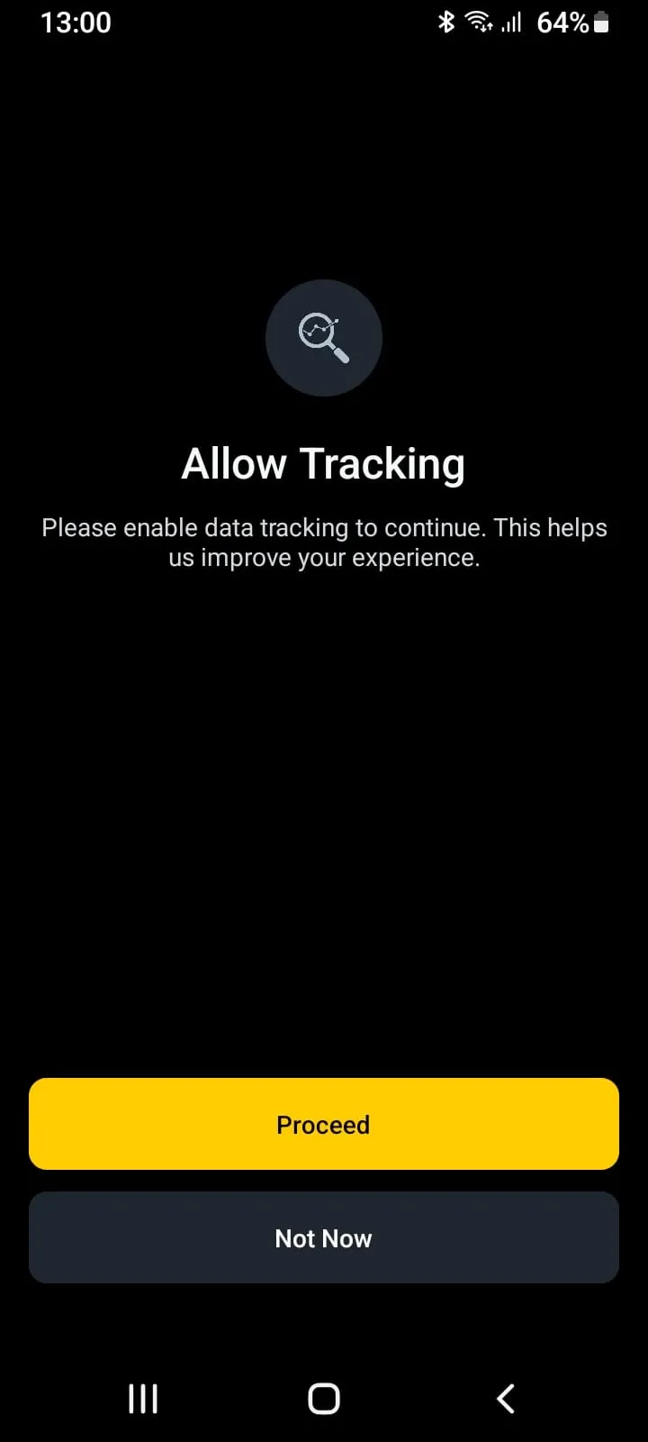 BetXchange mobile app data tracking permission screen displaying Allow Tracking prompt with yellow Proceed and dark gray Not Now buttons.