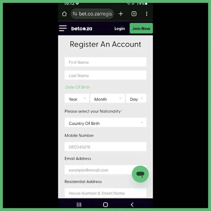 Bet.co.za sign up form