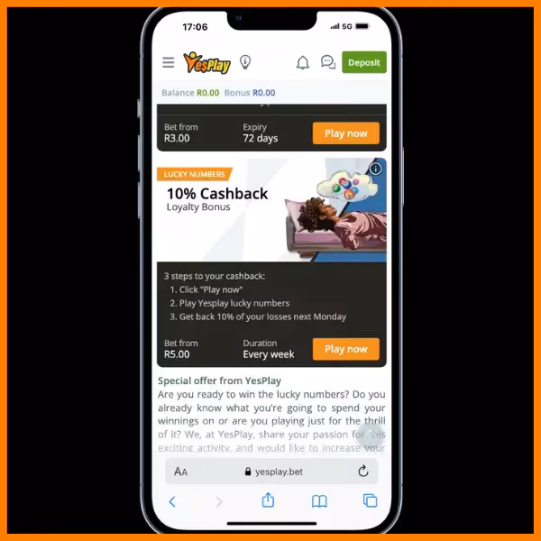 YesPlay 10% cashback loyalty bonus promotion page on the mobile site.