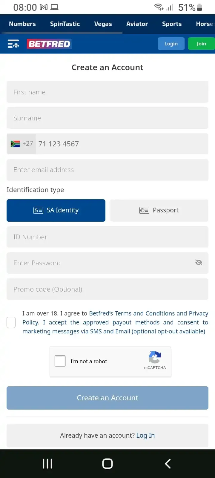 Betfred app registration form asking for first and last name, phone number, email, ID or passport, password and promo code/