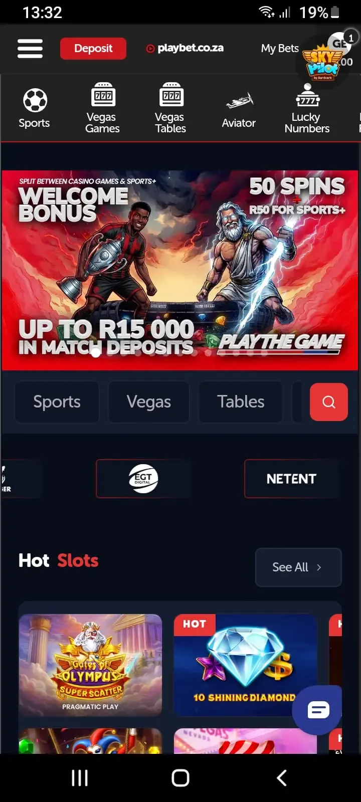 Playbet app homescreen