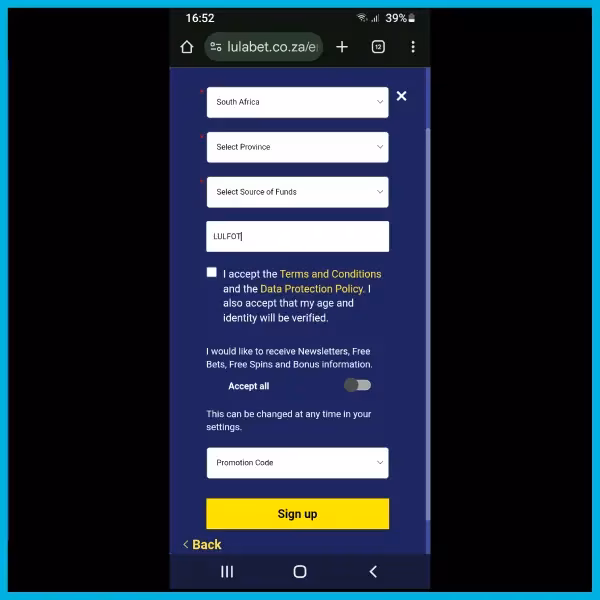 Lulabet registration form