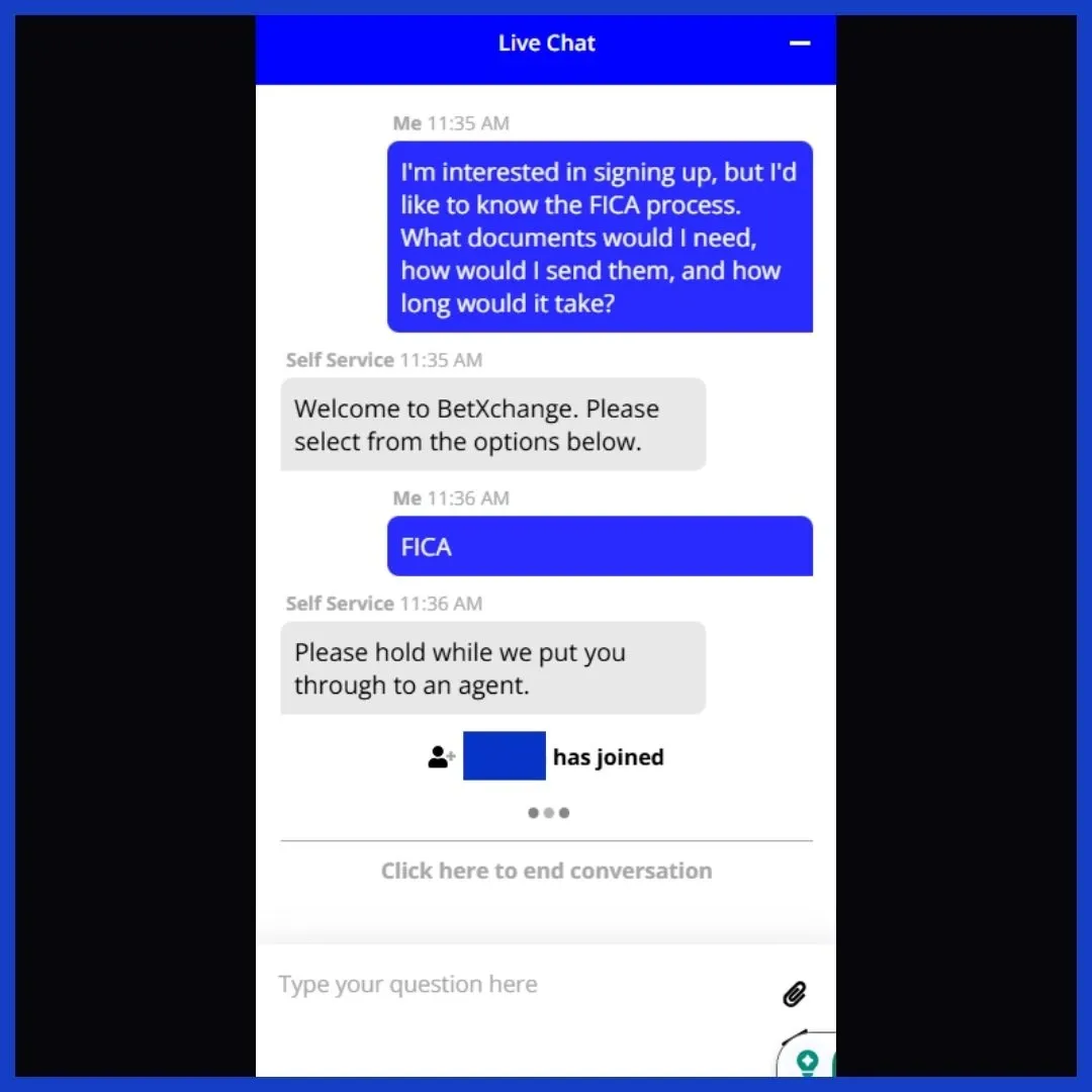 Betxchange Live Chat 2 where we begin out conversation about FICA.