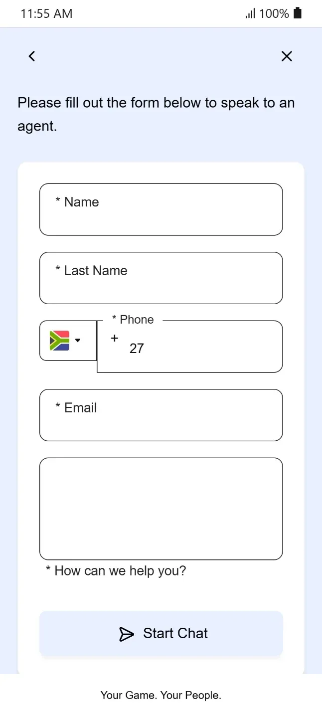 Firstbet live chat pre-chat intake form requesting user full name, South African phone number, email address, and support inquiry message.