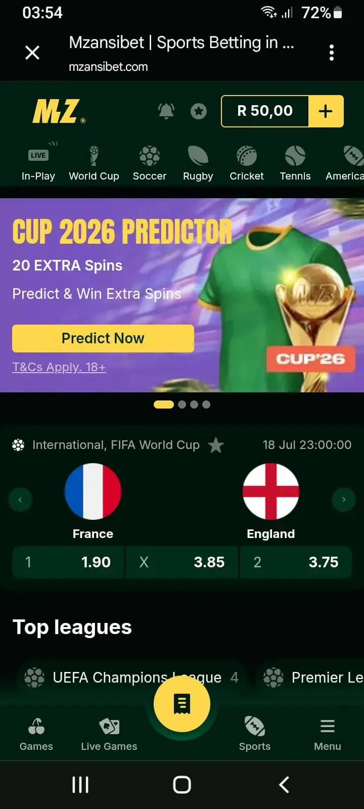 Screenshot showing that sports betting is not directly possible on the PWA