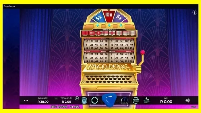 Screenshot of Bingo Royale, featuring 90-ball format, auto-daubing, a play button, card-changing you will learn how to play this bingo title online.
