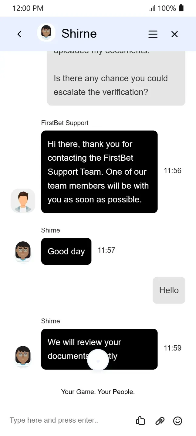 Firstbet live chat conversation transcript showing a customer requesting FICA verification escalation and agent Shirne initiating document review.