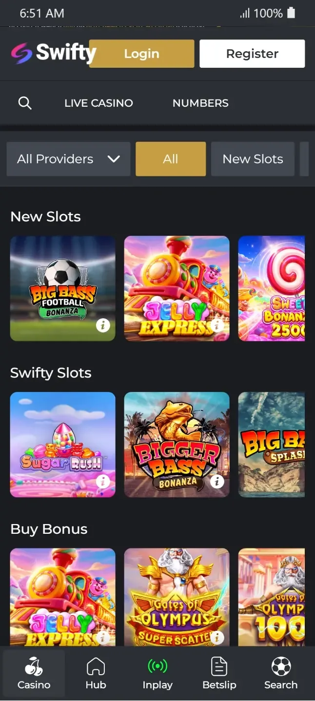 Eligible slots for the Swifty Sports welcome offer.