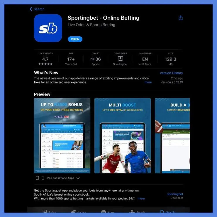 Sportingbet online betting app listed in the Apple App Store for iPhone download.