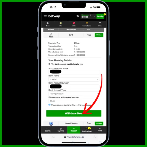 withdraw now button on betway