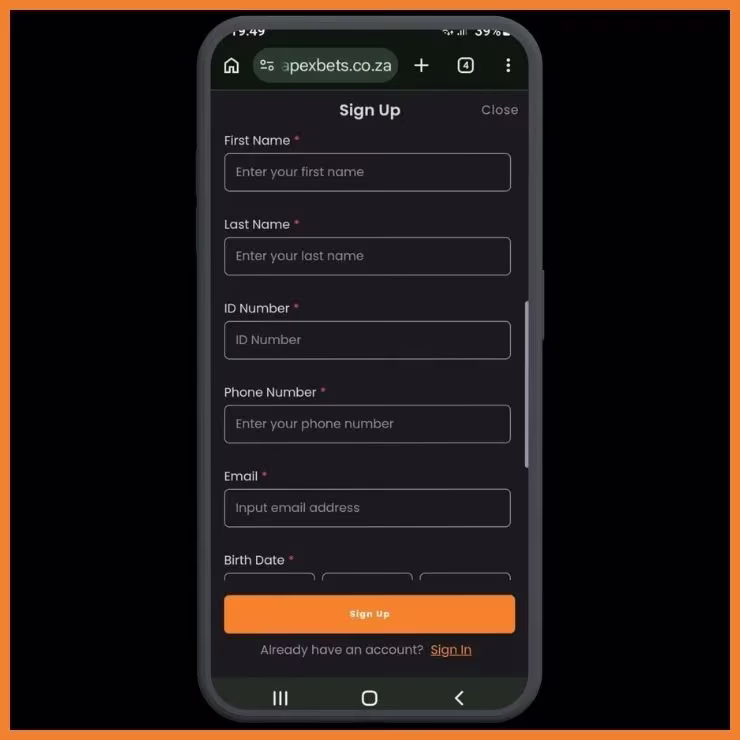 Apexbets Sign Up form showing fields for name, surname, South Africa ID number, email address, and birth date.