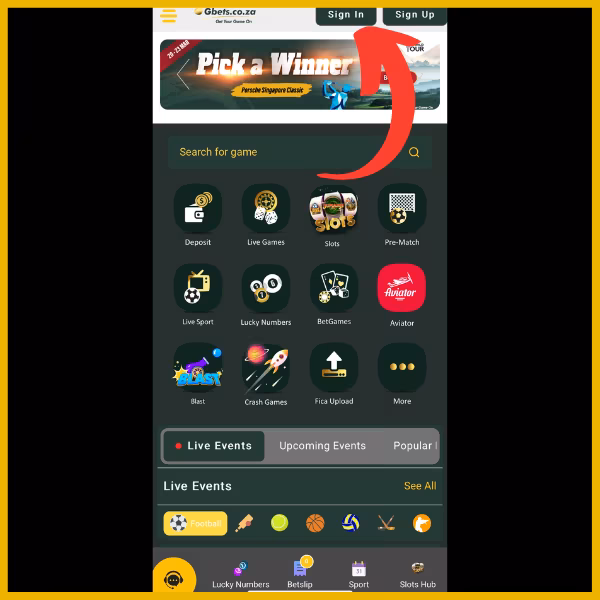 Red arrow pointing to Sign In button on the Gbets app