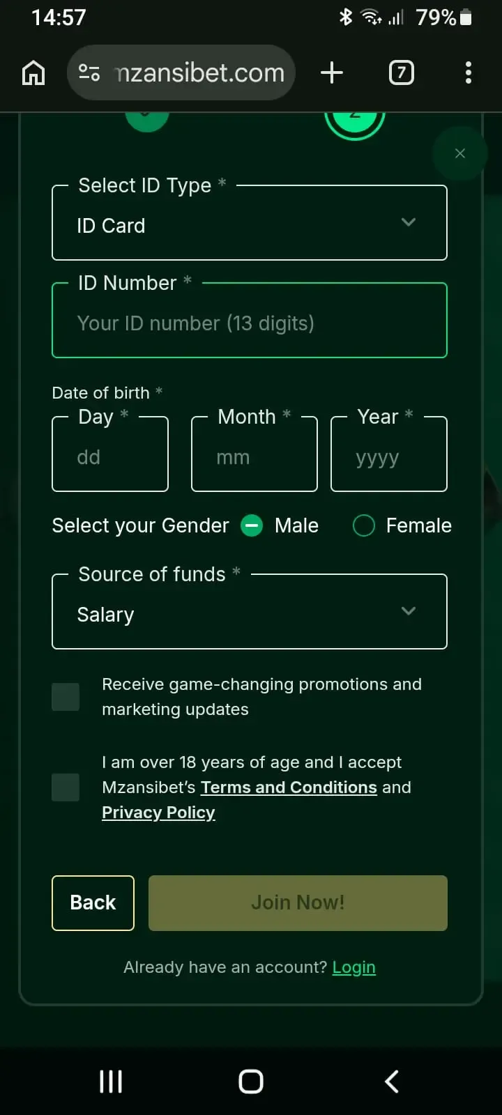 Mzansibet sign up from page 2 with fields for ID Number, birth date. gender, source of income, Ts & Cs checkbox and Join Now button